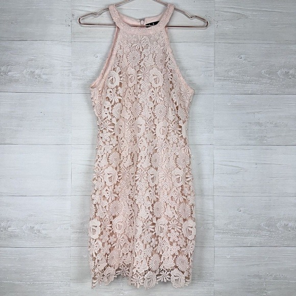 Lulus Cheers to Love Skater Mini Dress Women Medium Halter Neck Lace Blush Pink - Picture 14 of 16